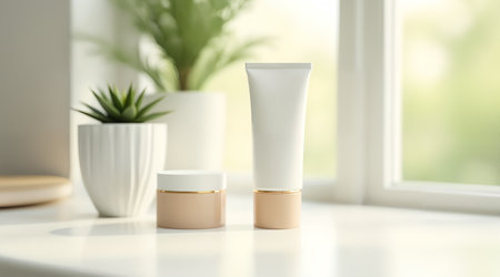 Unbranded, sustainable skincare products with an organic aesthetic. A white tube and a glass jar on a reclaimed wood surface with natural details.の素材