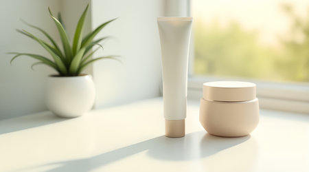 This clean composition is crafted for eco-friendly product ads. A white tube and a glass jar on a reclaimed oak shelf with a soft, natural background.の素材