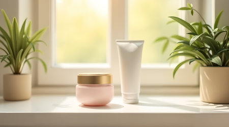 Modern and elegant product showcase featuring a soft pink cream jar and a white skincare tube. The setting is a bright windowsill with natural light.の素材