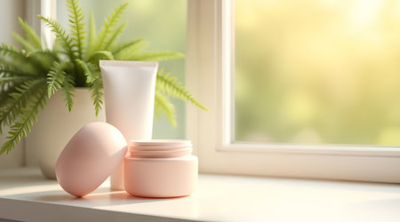 A modern product showcase of blank skincare packaging. A soft pink cream jar and a white tube are displayed on a bright windowsill in natural daylight.の素材