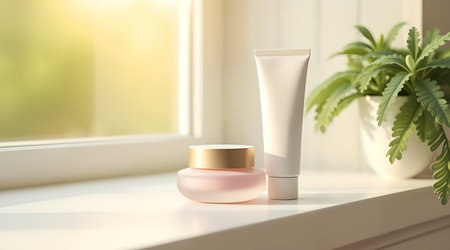 Blank cosmetic containers for skincare ads. A soft pink jar and a white tube are the focus, placed on a windowsill with a decorative green plant.の素材