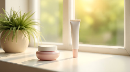 A simple and elegant product mockup of a blank soft pink cream jar and a white tube. They are positioned on a bright windowsill with a plant.の素材