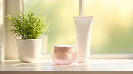 A minimalist product photo featuring a blank white skincare tube and a soft pink cream jar on a bright windowsill with a decorative green plant.の素材