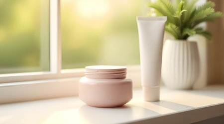 Blank containers for beauty brand mockups. A soft pink cream jar and a white skincare tube on a bright windowsill with a decorative plant.の素材