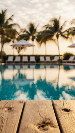 An ultra-realistic background for premium hotel advertising. The scene features a sharp wooden deck and a blurred pool at golden hour with warm lighting.の素材