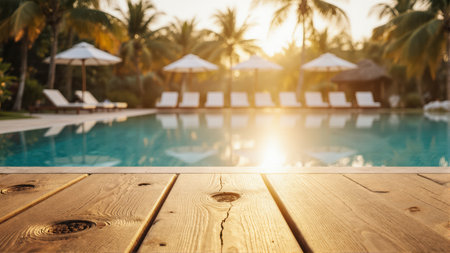 A serene and elegant poolside scene designed for premium advertising. A sharp wooden deck contrasts with a blurred turquoise pool at golden hour.の素材