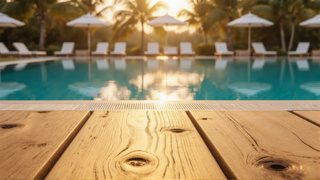 An elegant poolside scene for premium advertising. A sunlit wooden deck is in focus, with a blurred turquoise pool and sun umbrellas in the background.の素材