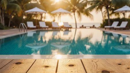 An ultra-realistic, luxurious resort poolside at golden hour. A sharp wooden deck and a soft, blurred pool create a serene and elegant background scene.の素材