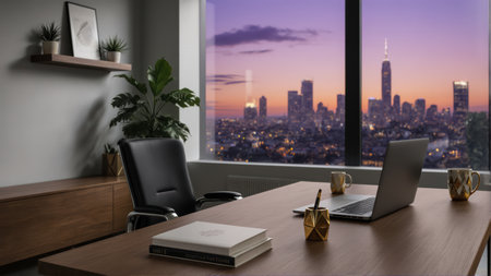 A contemporary office space with an ergonomic chair and wooden desk. The background is a city skyline at dusk with a monstera plant.の素材