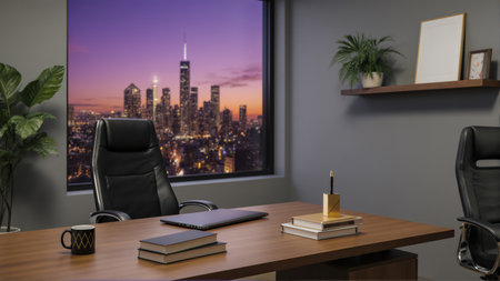 A sophisticated work from home lifestyle background. A wooden desk and modern chair are in focus with a city skyline at dusk.の素材