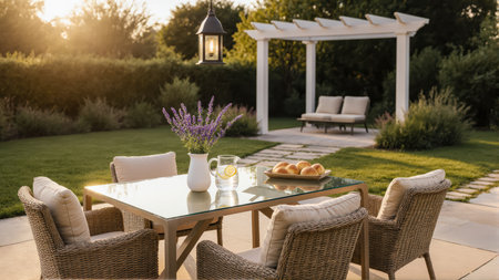 A chic outdoor patio with a modern rattan dining set. Golden afternoon sunlight bathes the serene garden with lush greenery in the background.の素材