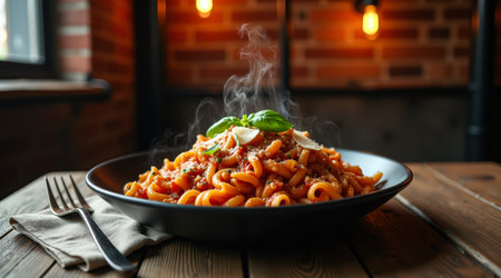 A cinematic food photo of long spaghetti in a rich tomato sauce with parmesan. A fork is visible on a rustic wooden surface with a cozy bokeh background.の素材