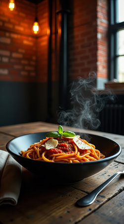 A plate of hot steaming spaghetti sits on a rustic tabletop. The dish is in a deep black bowl with a rich tomato sauce and fresh basil.の素材
