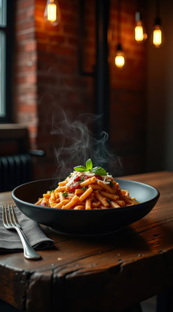 A delicious plate of Italian spaghetti with delicate parmesan shavings and a basil leaf. The food is served in a black bowl on a rustic wooden table.の素材