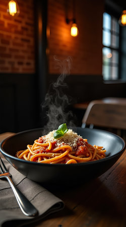 A steaming portion of spaghetti is served in a black bowl. The dish is placed on a gray linen napkin on a rustic wooden table in a warm setting.の素材