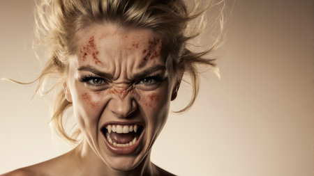 A portrait with a feral gaze and flawless, realistic skin texture. The young woman's eyebrows are deeply furrowed with visible tension.の素材