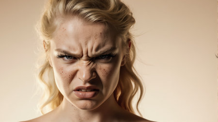 An ultra-detailed portrait of a young woman with a defiant snarl and tense facial muscles. The photo is perfect for attitude-driven campaigns.の素材