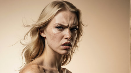 A high-end commercial stock photo featuring a young woman with a fierce gaze. Her aggressive expression and disheveled hair are in focus.の素材