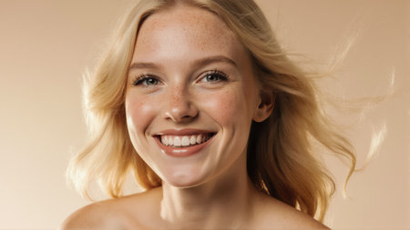 A photorealistic portrait of a young blonde woman. Her genuine, warm smile and natural beauty are captured with stunning detail for commercial use.の素材