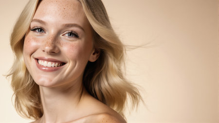 A portrait of a young woman with a radiant smile. The warm-neutral gradient background is minimal and brand-adaptable, ideal for text placement.の素材