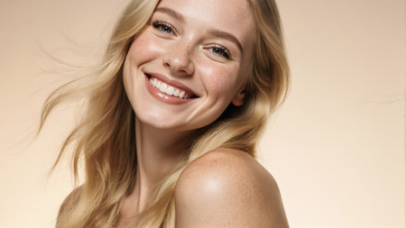 An ultra-detailed portrait of a young woman with a confident and sensual look. Her radiant smile is photorealistic and captured in high resolution.の素材