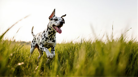Energetic Dalmatian bounding through tall green grass with tongue out. Dynamic low-angle capture with dreamy bokeh background.の素材