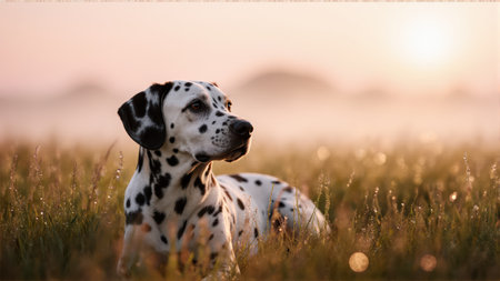 Photorealistic morning shot of spotted dog surrounded by sparkling dew. Warm golden light creates tranquil atmosphere.の素材