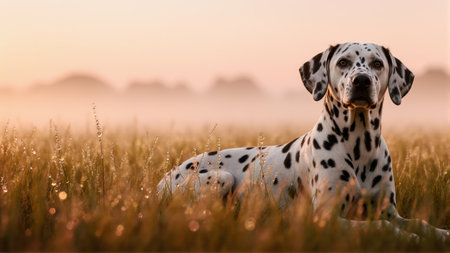 Serene spotted dog surrounded by dew-kissed grass. Ideal for nature retreat promotions.の素材