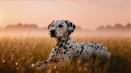 Premium dog portrait surrounded by dew-kissed nature. Versatile for ads.の素材
