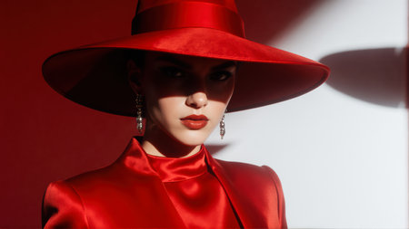 Oversized hat creates artistic shadows. Ideal for luxury editorialsの素材