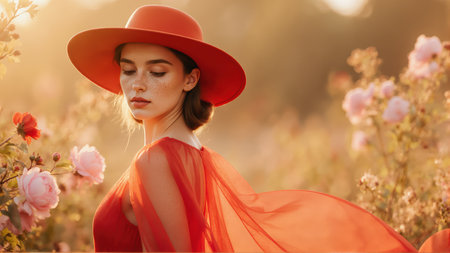 Photorealistic portrait with glowing skin and floral background. Great for fragrance ads.の素材