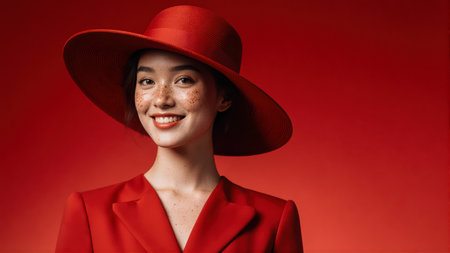 Professional lighting highlights dress and hat details. Ideal for editorials.の素材
