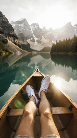 White sneakers and wooden textures contrast with pristine nature. Great for campaigns.の素材