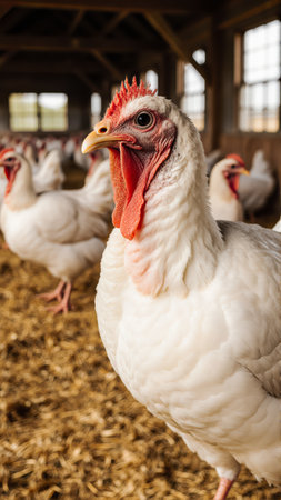 An authentic image of a poultry farm with a white turkey. The golden litter and fresh grains create a healthy, organic visual.の素材
