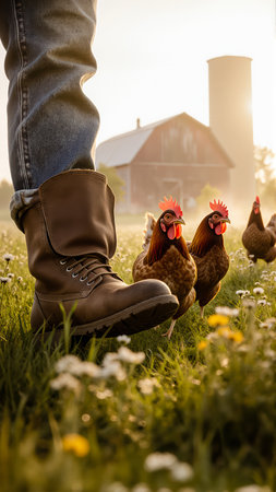 Boot firmly planted on verdant ground, drawing in the chickens. Background barn adds depth to the story.の素材