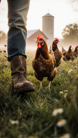 Lively birds on verdant grass with creamy bokeh flock background. Perfect for organic farming and wholesome themes.の素材