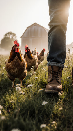 Creamy bokeh melts the rest of the flock into the background. A timeless image of farm life.の素材