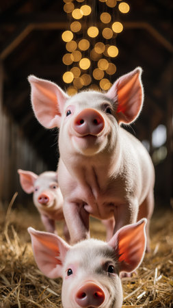 Endearing young pig dominates the foreground with two others behind. Dewy hay and golden bokeh lights create charm.の素材