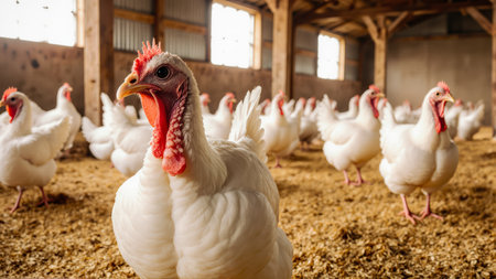 A professional shot of a majestic white turkey leading its flock. The shallow depth of field keeps the turkey in sharp focus, capturing serene rural vitality.の素材