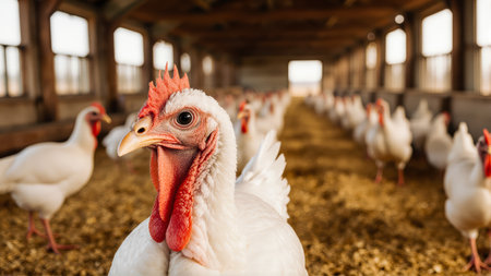his photo captures serene rural vitality, with a majestic white turkey in the foreground and distant flocks softly blurred in the background.の素材