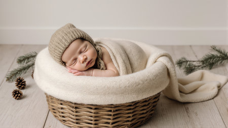 Baby wrapped in blanket sleeps soundly in a rustic woven crib. The scene is set on a light wooden floor against a plain white wall.の素材