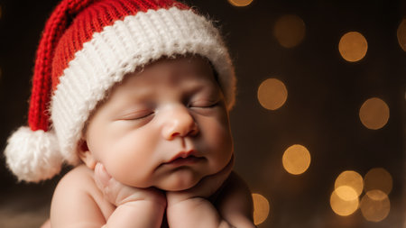 Christmas newborn photography shows baby in red Santa hat. Soft lighting highlights face against golden bokeh background.の素材