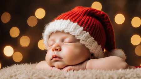 Newborn in oversized red hat has eyes closed in sleep. Warm golden bokeh lights decorate the dark blurry background.の素材