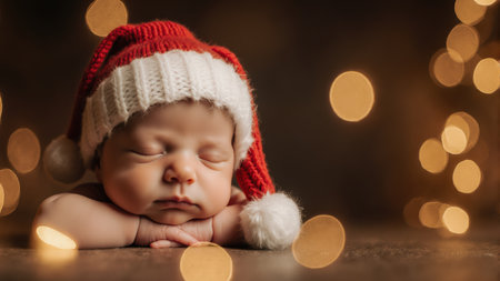 Peaceful sleeping baby wears a soft red knitted Santa hat. The background features beautiful blurred golden bokeh lights.の素材