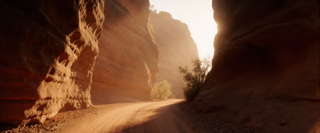 A slender gorge with layered rusty sandstone. A cinematic ray of dawn sunlight creates a stunning, motivational scene.の素材