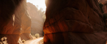 Majestic sandstone cliffs with cinematic lighting. The warm dawn sunlight and subtle shadow patterns add depth and drama to the scene.の素材
