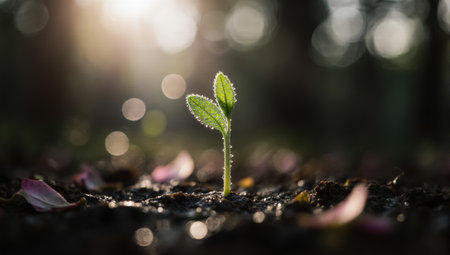 A natural poetic scene with a sprouting plant. The gentle glow and wide composition emphasize its upward vitality and renewal.の素材
