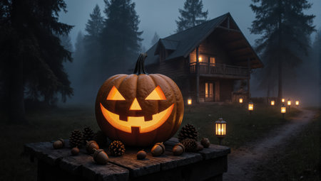 An oversized jack o lantern with a playful grin. This professional photo has enhanced luminosity and an eerie elegance.の素材