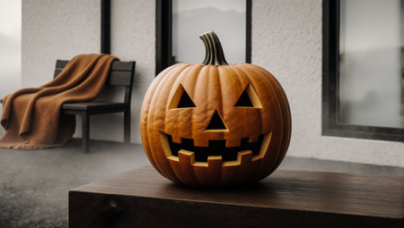Halloween pumpkin on dark wood platform features geometric face. Clean lined cabin background with large black framed windows.の素材
