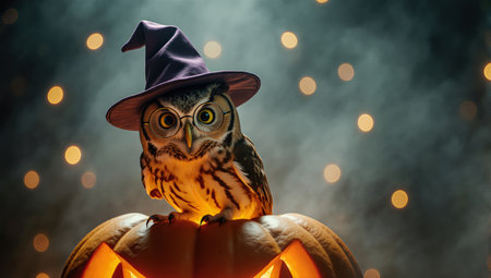 A magical owl with a serious gaze. Its wizard hat and round glasses create a unique and eye-catching fantasy visualの素材